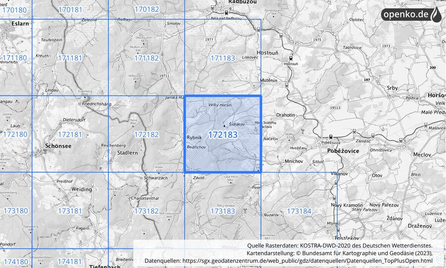 Übersichtskarte des KOSTRA-DWD-2020-Rasterfeldes Nr. 172183