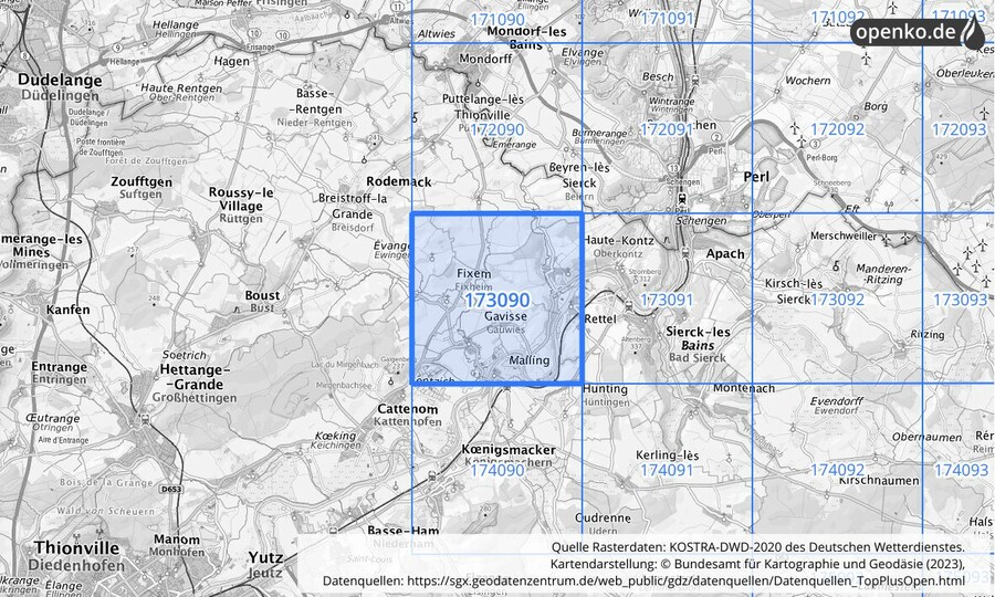 Übersichtskarte des KOSTRA-DWD-2020-Rasterfeldes Nr. 173090