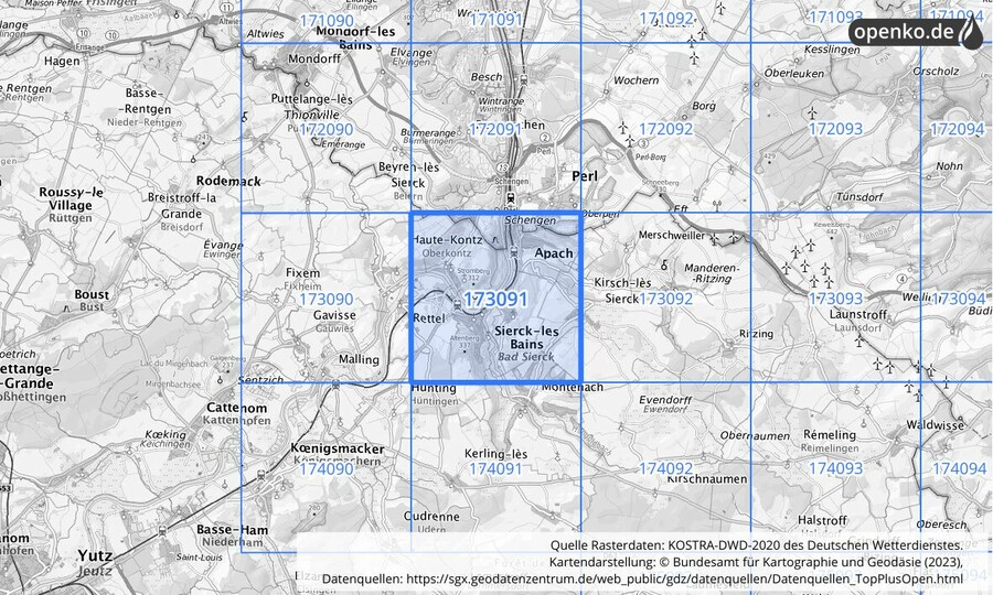 Übersichtskarte des KOSTRA-DWD-2020-Rasterfeldes Nr. 173091