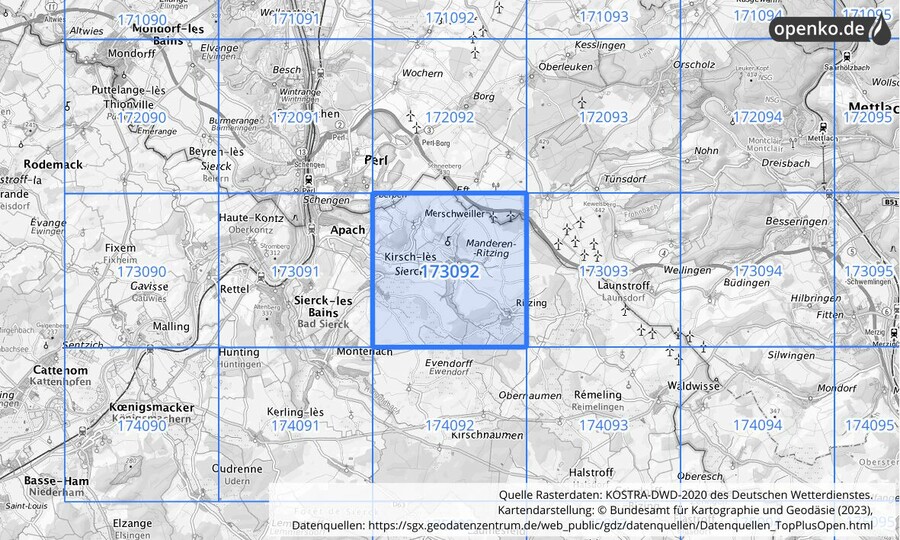 Übersichtskarte des KOSTRA-DWD-2020-Rasterfeldes Nr. 173092