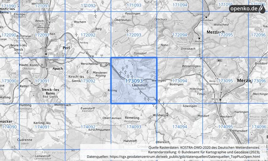 Übersichtskarte des KOSTRA-DWD-2020-Rasterfeldes Nr. 173093