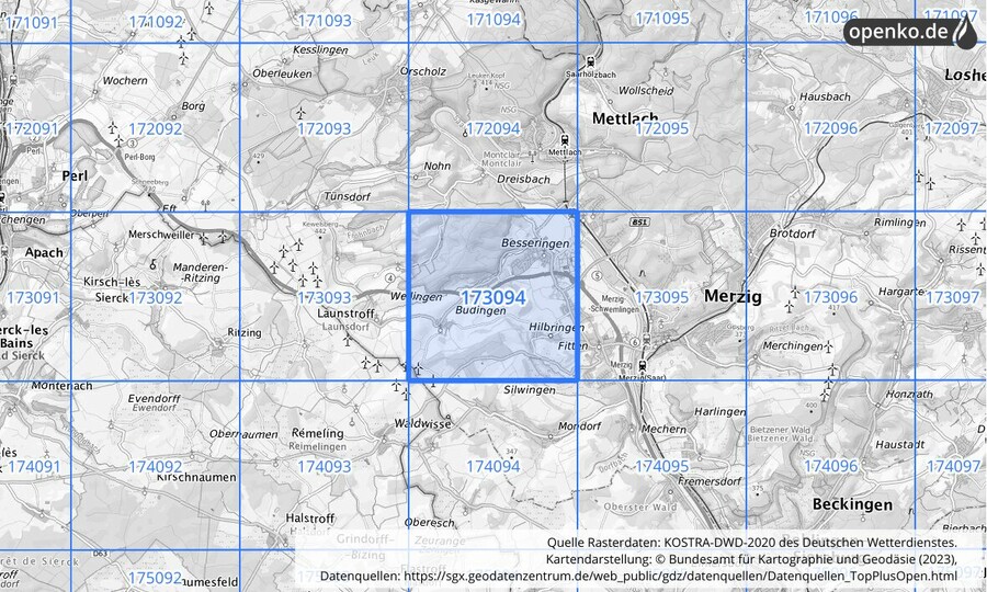 Übersichtskarte des KOSTRA-DWD-2020-Rasterfeldes Nr. 173094