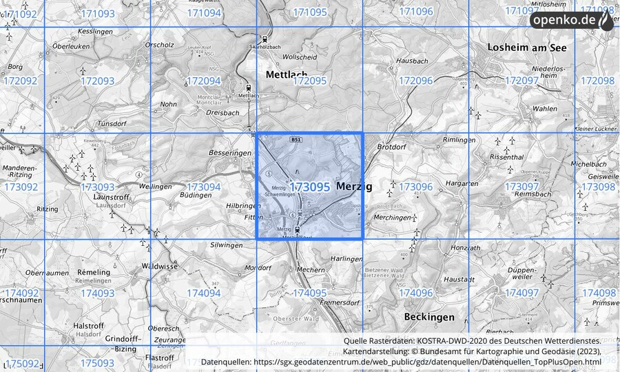 Übersichtskarte des KOSTRA-DWD-2020-Rasterfeldes Nr. 173095