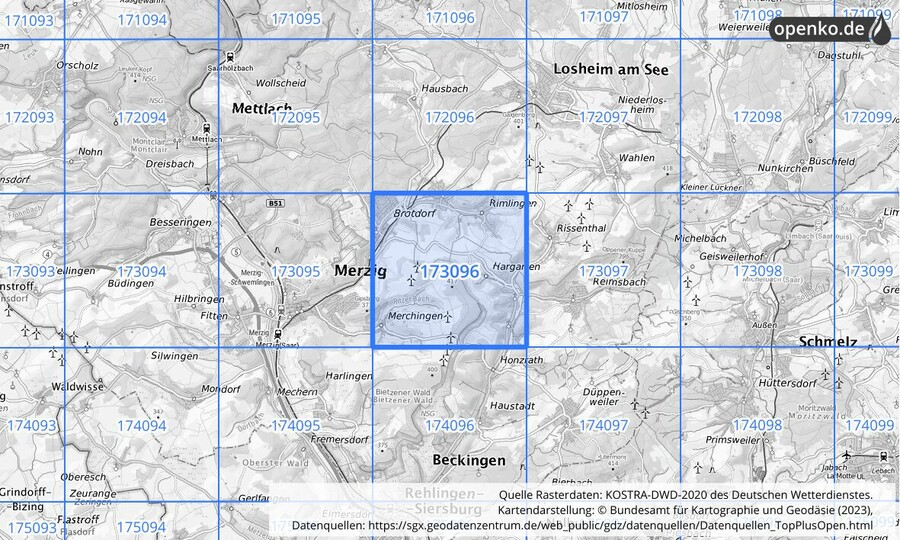 Übersichtskarte des KOSTRA-DWD-2020-Rasterfeldes Nr. 173096