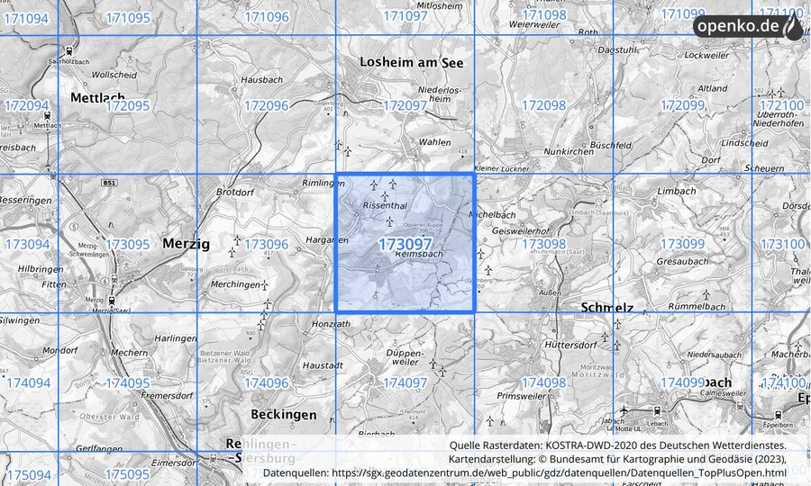 Übersichtskarte des KOSTRA-DWD-2020-Rasterfeldes Nr. 173097