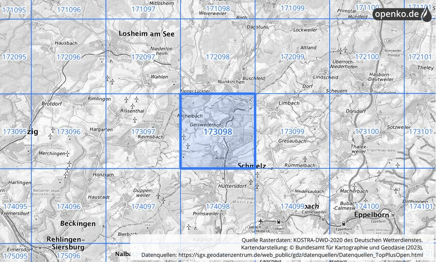 Übersichtskarte des KOSTRA-DWD-2020-Rasterfeldes Nr. 173098