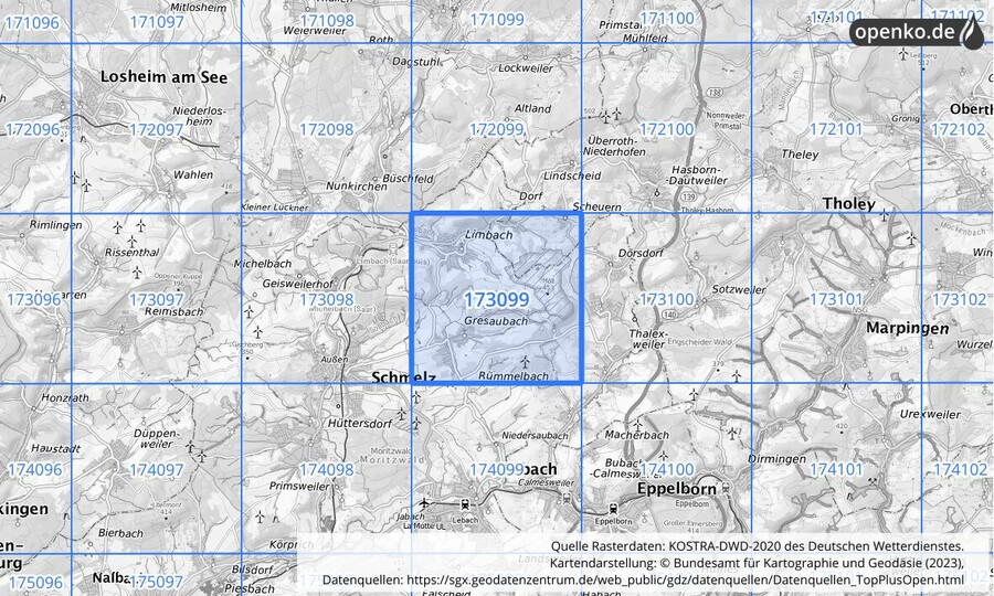 Übersichtskarte des KOSTRA-DWD-2020-Rasterfeldes Nr. 173099