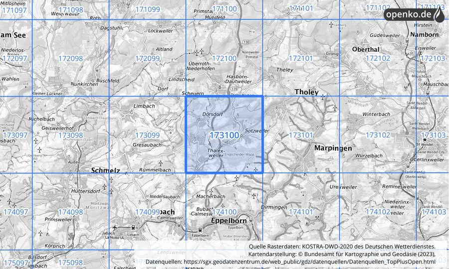 Übersichtskarte des KOSTRA-DWD-2020-Rasterfeldes Nr. 173100