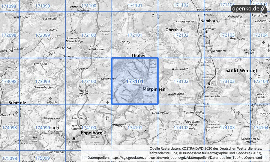 Übersichtskarte des KOSTRA-DWD-2020-Rasterfeldes Nr. 173101