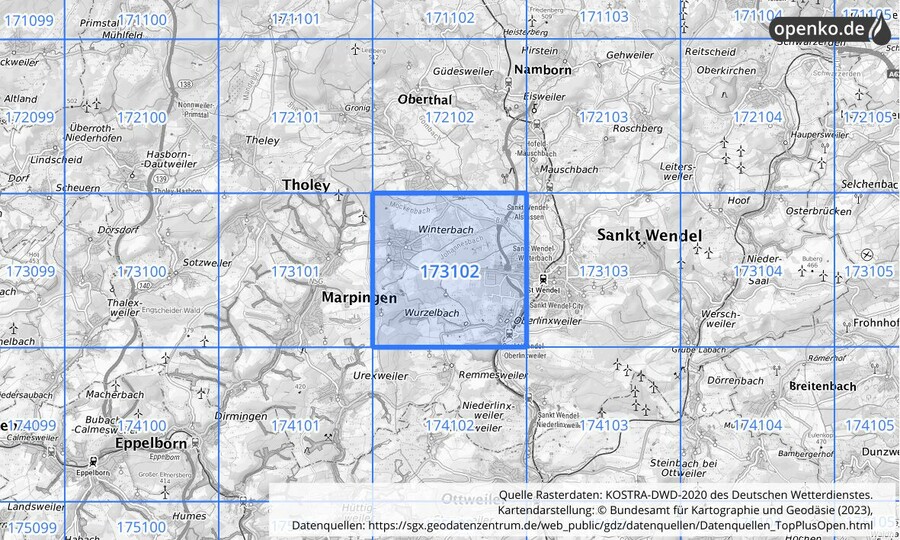 Übersichtskarte des KOSTRA-DWD-2020-Rasterfeldes Nr. 173102