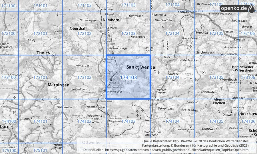 Übersichtskarte des KOSTRA-DWD-2020-Rasterfeldes Nr. 173103
