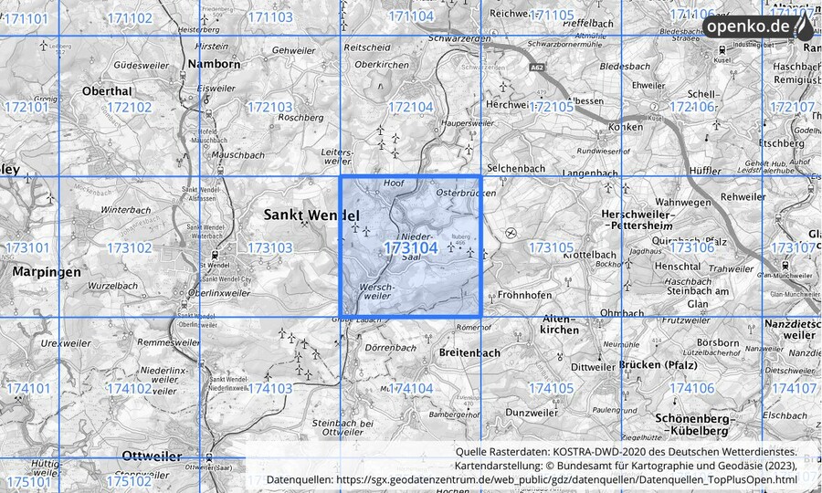 Übersichtskarte des KOSTRA-DWD-2020-Rasterfeldes Nr. 173104