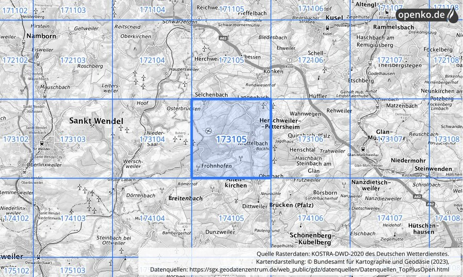 Übersichtskarte des KOSTRA-DWD-2020-Rasterfeldes Nr. 173105