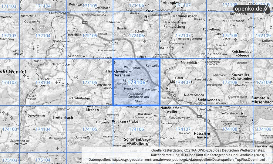 Übersichtskarte des KOSTRA-DWD-2020-Rasterfeldes Nr. 173106