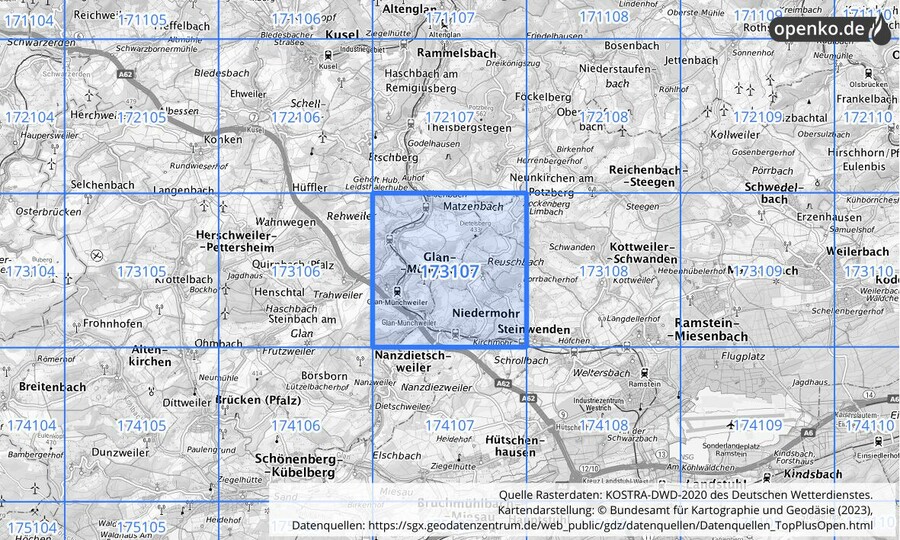 Übersichtskarte des KOSTRA-DWD-2020-Rasterfeldes Nr. 173107
