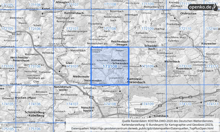 Übersichtskarte des KOSTRA-DWD-2020-Rasterfeldes Nr. 173108