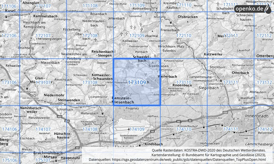 Übersichtskarte des KOSTRA-DWD-2020-Rasterfeldes Nr. 173109