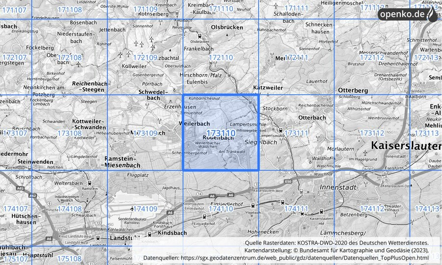 Übersichtskarte des KOSTRA-DWD-2020-Rasterfeldes Nr. 173110