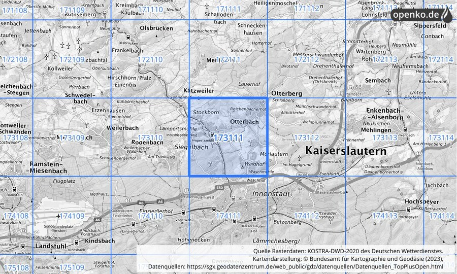 Übersichtskarte des KOSTRA-DWD-2020-Rasterfeldes Nr. 173111