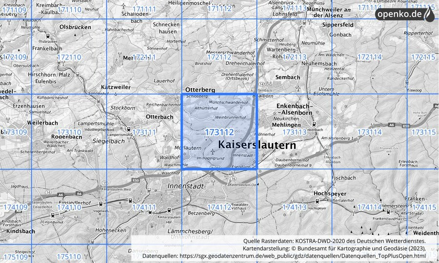 Übersichtskarte des KOSTRA-DWD-2020-Rasterfeldes Nr. 173112