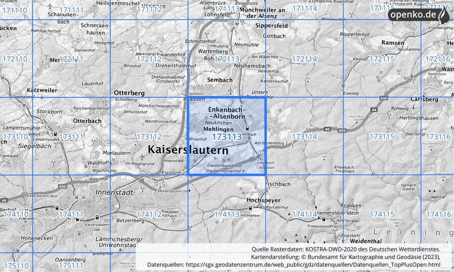 Übersichtskarte des KOSTRA-DWD-2020-Rasterfeldes Nr. 173113