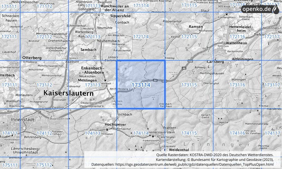 Übersichtskarte des KOSTRA-DWD-2020-Rasterfeldes Nr. 173114