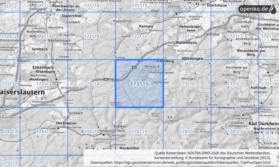 Übersichtskarte des KOSTRA-DWD-2020-Rasterfeldes Nr. 173115