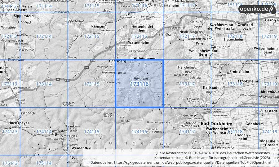Übersichtskarte des KOSTRA-DWD-2020-Rasterfeldes Nr. 173116