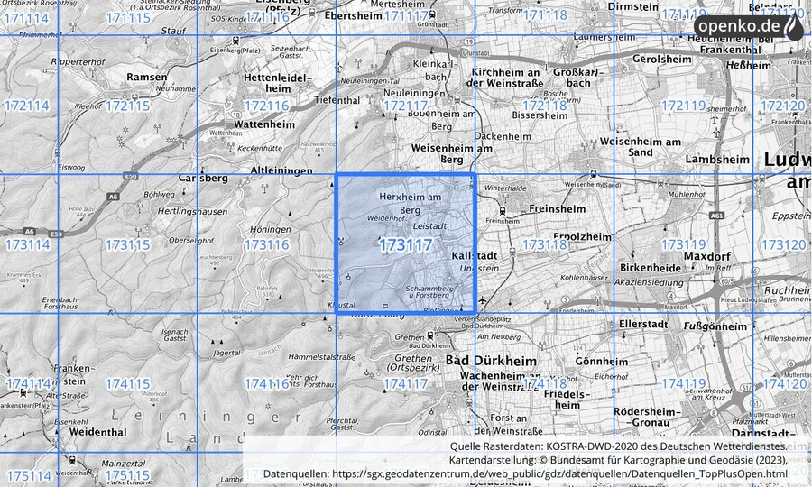 Übersichtskarte des KOSTRA-DWD-2020-Rasterfeldes Nr. 173117