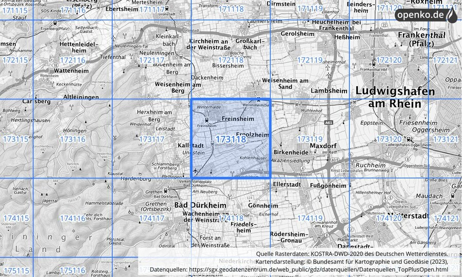 Übersichtskarte des KOSTRA-DWD-2020-Rasterfeldes Nr. 173118