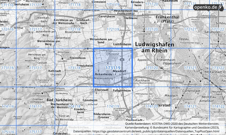 Übersichtskarte des KOSTRA-DWD-2020-Rasterfeldes Nr. 173119