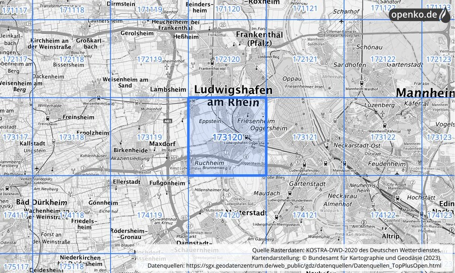 Übersichtskarte des KOSTRA-DWD-2020-Rasterfeldes Nr. 173120