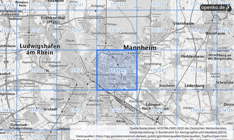 Übersichtskarte des KOSTRA-DWD-2020-Rasterfeldes Nr. 173122