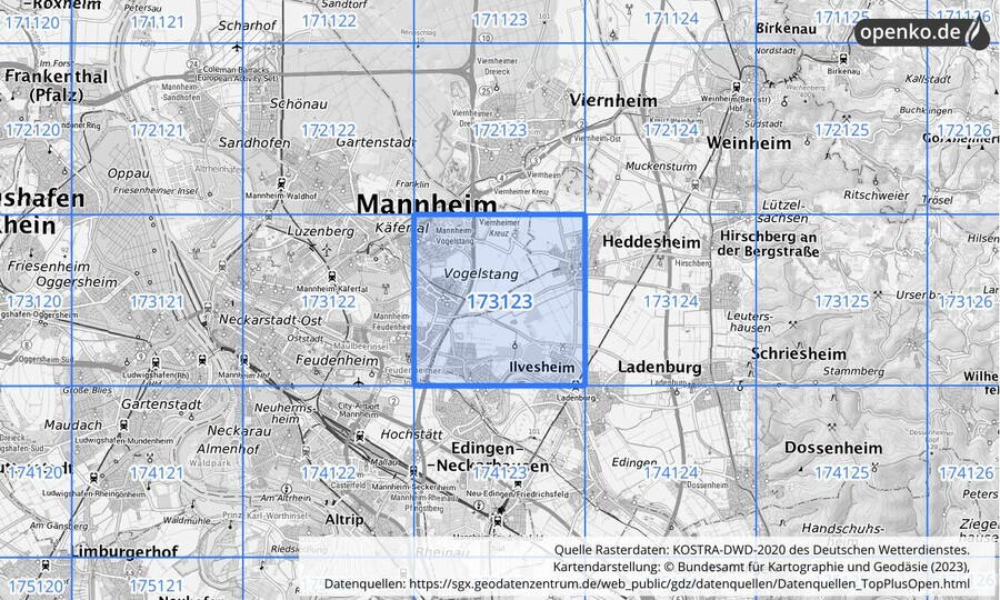Übersichtskarte des KOSTRA-DWD-2020-Rasterfeldes Nr. 173123