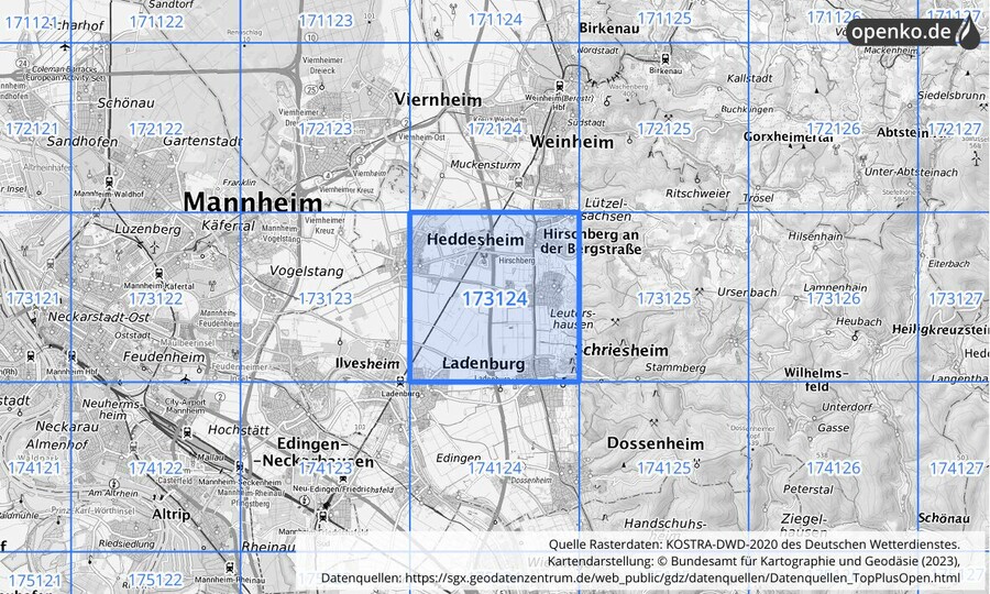 Übersichtskarte des KOSTRA-DWD-2020-Rasterfeldes Nr. 173124
