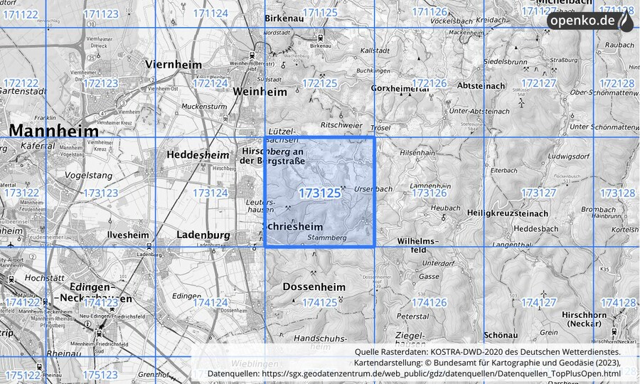 Übersichtskarte des KOSTRA-DWD-2020-Rasterfeldes Nr. 173125