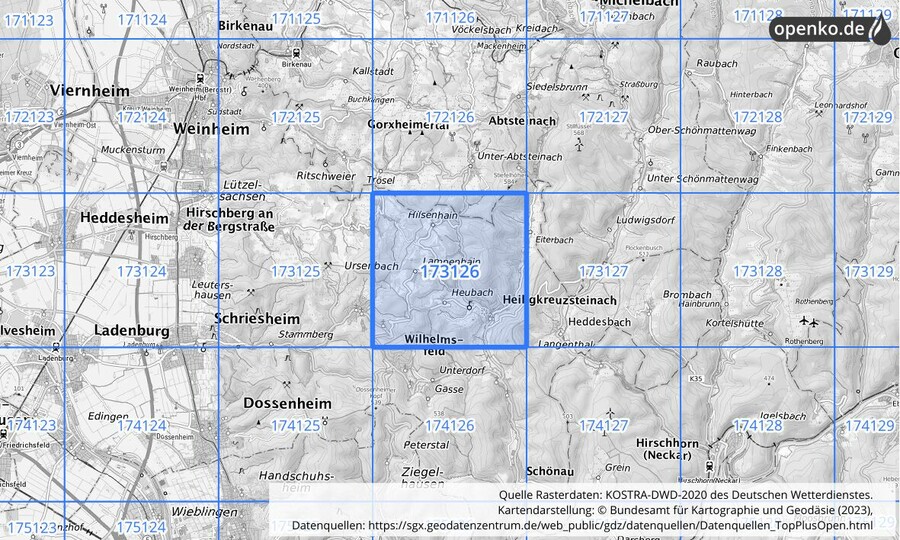 Übersichtskarte des KOSTRA-DWD-2020-Rasterfeldes Nr. 173126