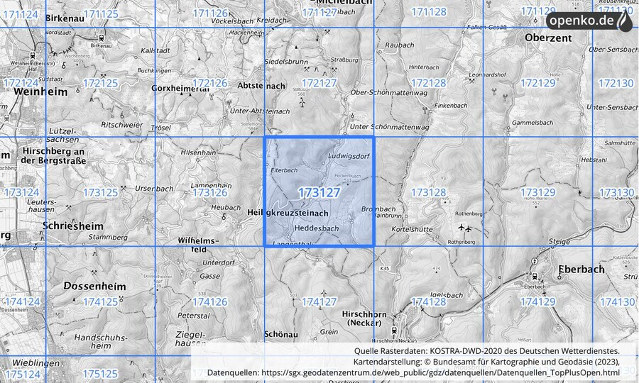 Übersichtskarte des KOSTRA-DWD-2020-Rasterfeldes Nr. 173127