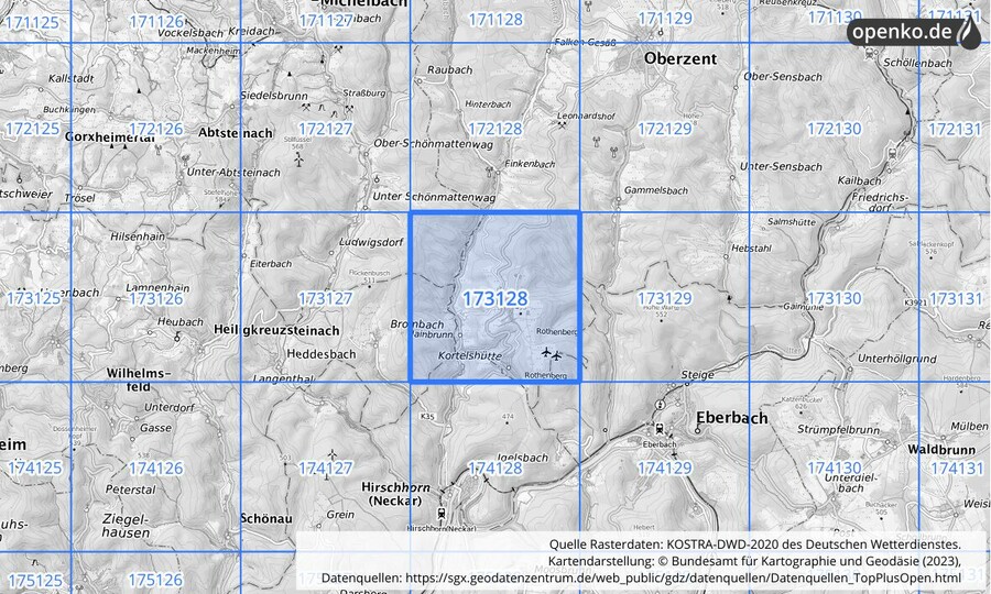 Übersichtskarte des KOSTRA-DWD-2020-Rasterfeldes Nr. 173128