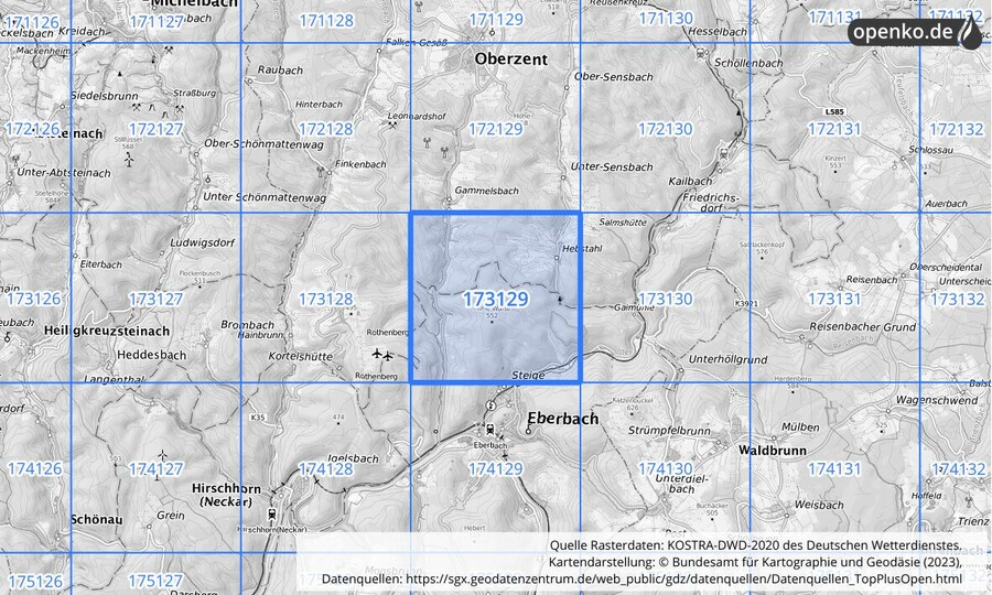 Übersichtskarte des KOSTRA-DWD-2020-Rasterfeldes Nr. 173129