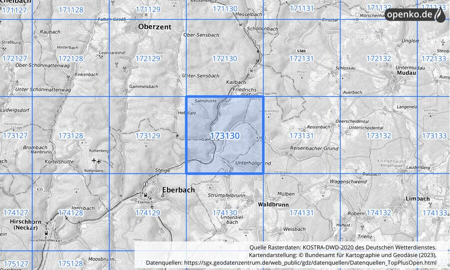 Übersichtskarte des KOSTRA-DWD-2020-Rasterfeldes Nr. 173130