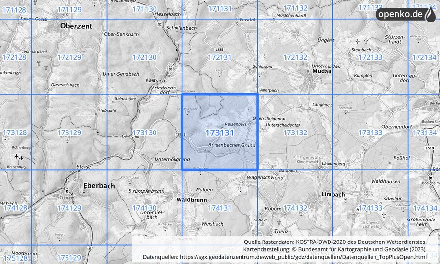 Übersichtskarte des KOSTRA-DWD-2020-Rasterfeldes Nr. 173131