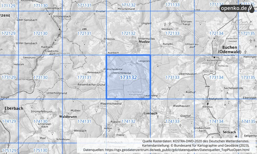 Übersichtskarte des KOSTRA-DWD-2020-Rasterfeldes Nr. 173132