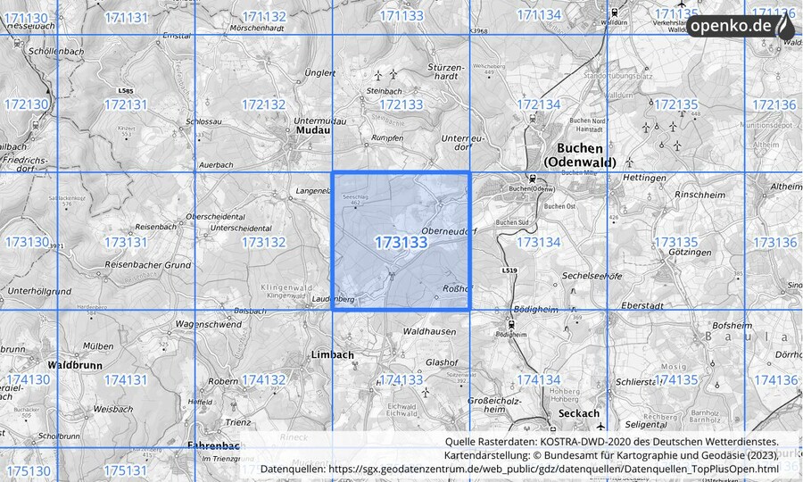 Übersichtskarte des KOSTRA-DWD-2020-Rasterfeldes Nr. 173133