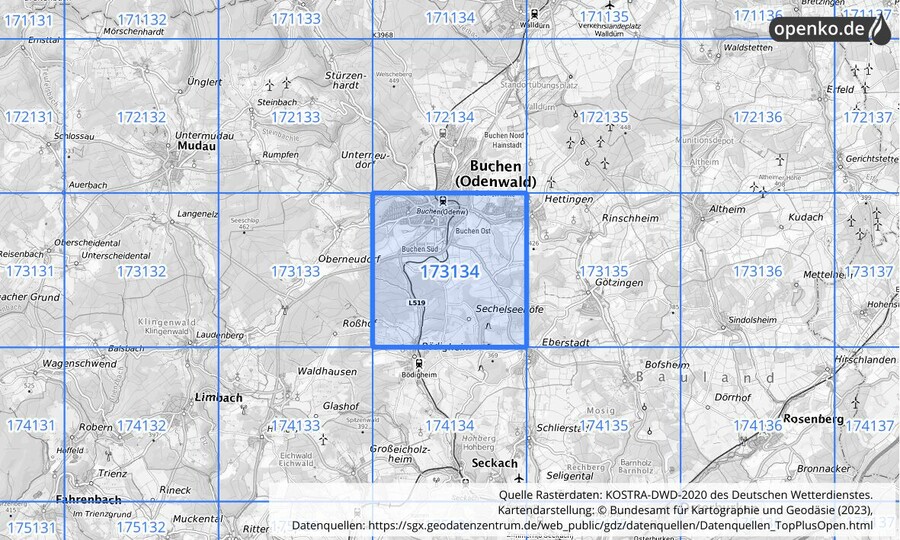 Übersichtskarte des KOSTRA-DWD-2020-Rasterfeldes Nr. 173134