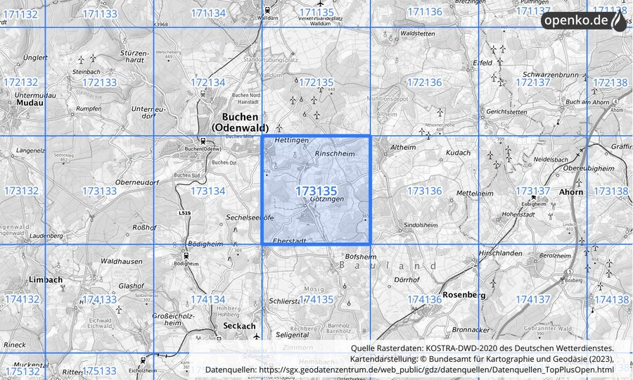 Übersichtskarte des KOSTRA-DWD-2020-Rasterfeldes Nr. 173135