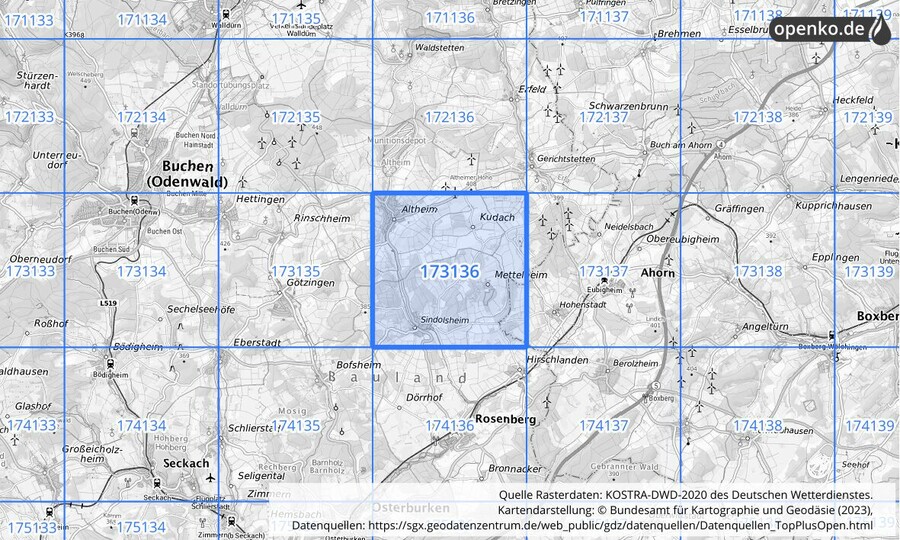 Übersichtskarte des KOSTRA-DWD-2020-Rasterfeldes Nr. 173136
