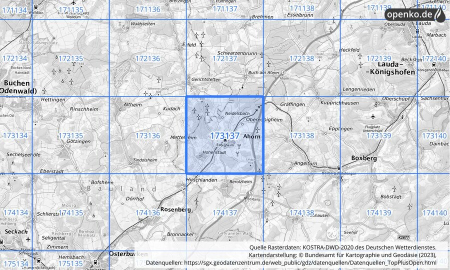 Übersichtskarte des KOSTRA-DWD-2020-Rasterfeldes Nr. 173137