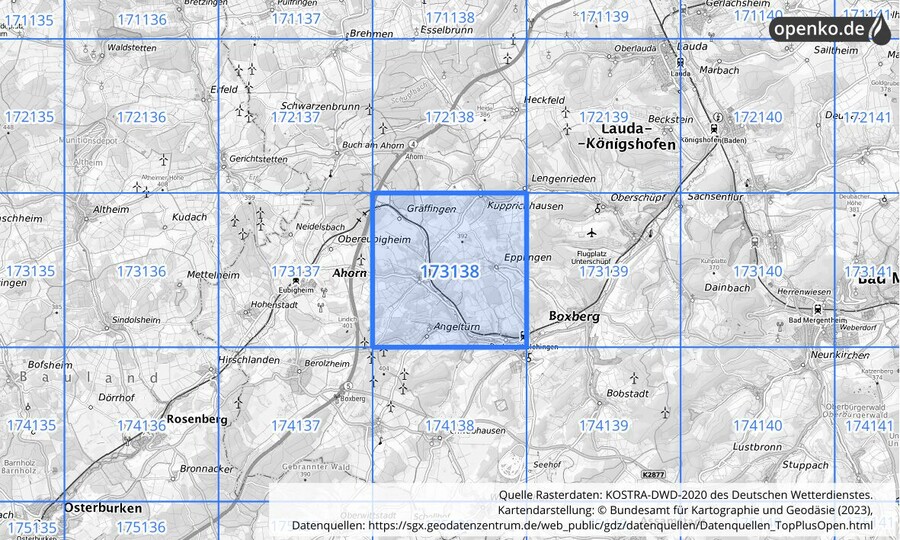 Übersichtskarte des KOSTRA-DWD-2020-Rasterfeldes Nr. 173138