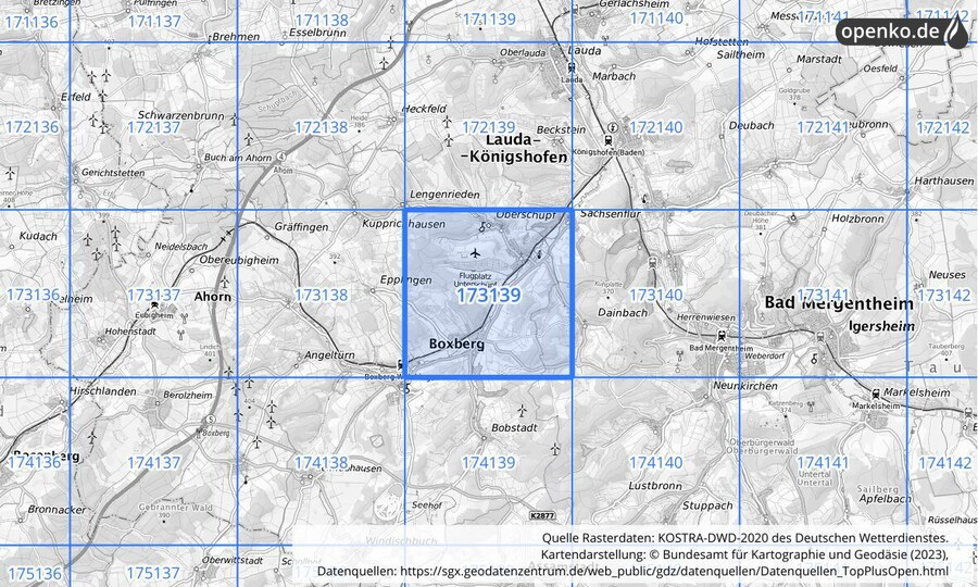Übersichtskarte des KOSTRA-DWD-2020-Rasterfeldes Nr. 173139